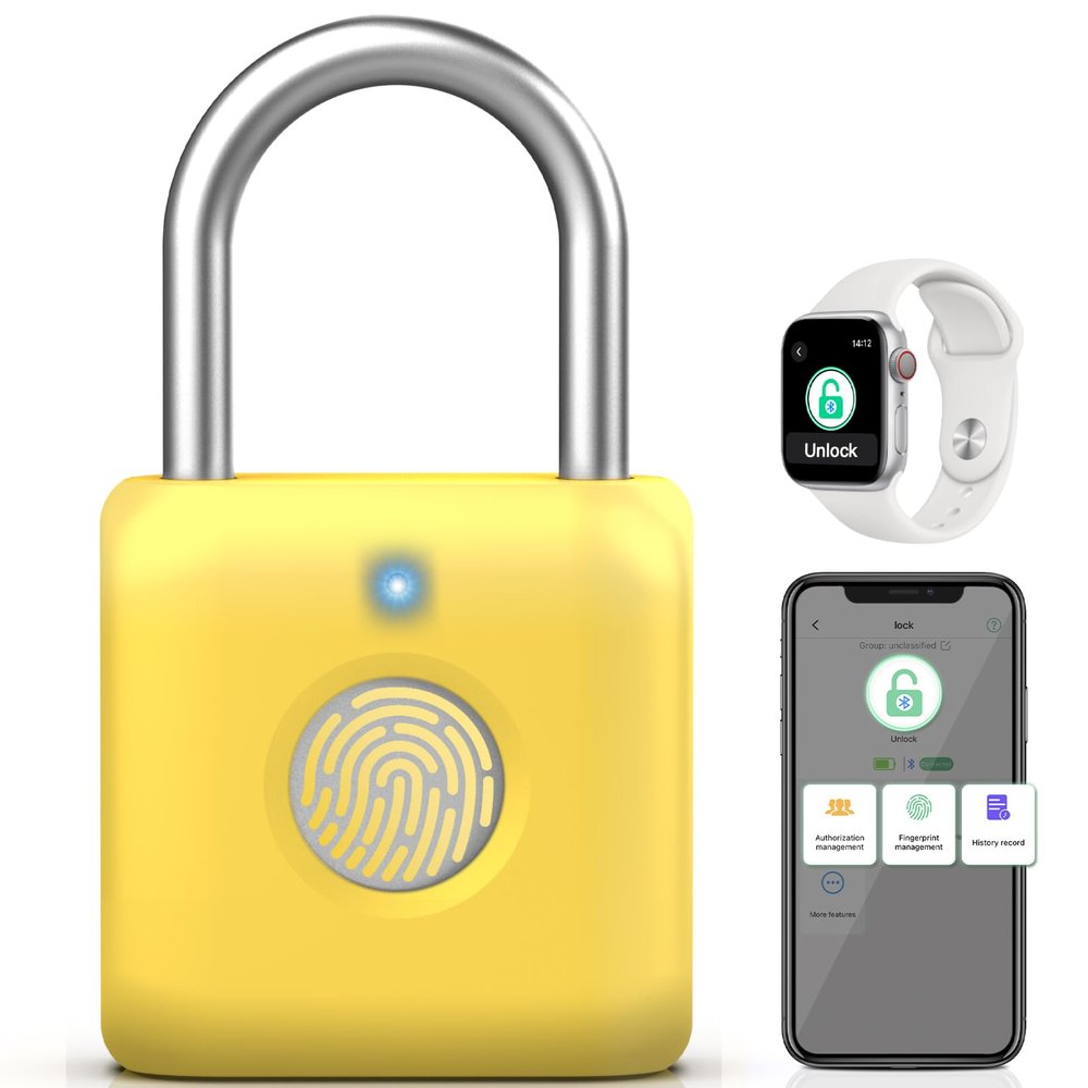 Pothunder Fingerprint Padlock, Smart Padlock, Locker Lock, Fingerprint Lock with APP Unlock, USB Rechargeable, Suitable for Gym Locker, Locker(Lemon Yellow)