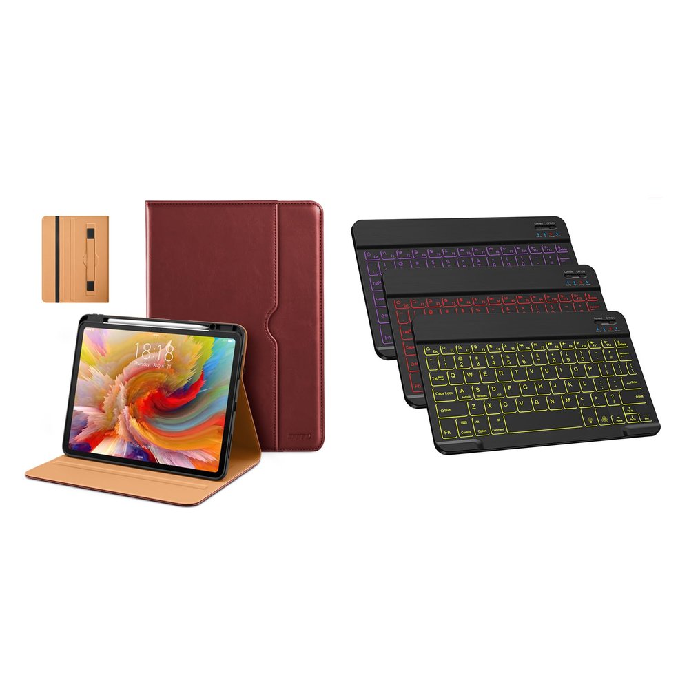 DTTO for iPad Pro 13 inch Case (M4) 2024, Premium Leather Business Folio Stand Case Burgundy Red Bundle with Rechargeable Bluetooth Keyboard Black