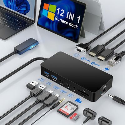 for Microsoft Surface Triple Display Dock - 12-in-1 Pro Docking Station with Dual 4K HDMI+VGA, Power Supply for Surface Pro, Laptop, Book