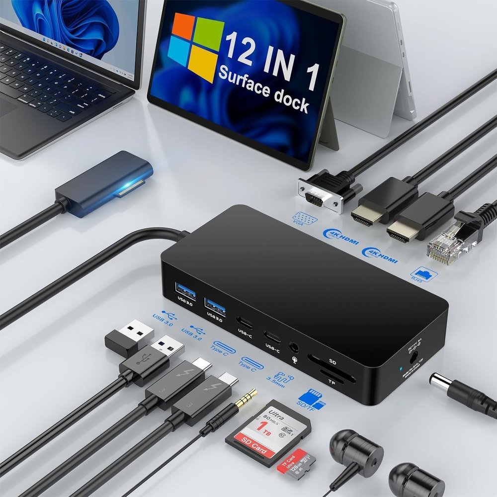 for Microsoft Surface Triple Display Dock - 12-in-1 Pro Docking Station with Dual 4K HDMI+VGA, Power Supply for Surface Pro, Laptop, Book