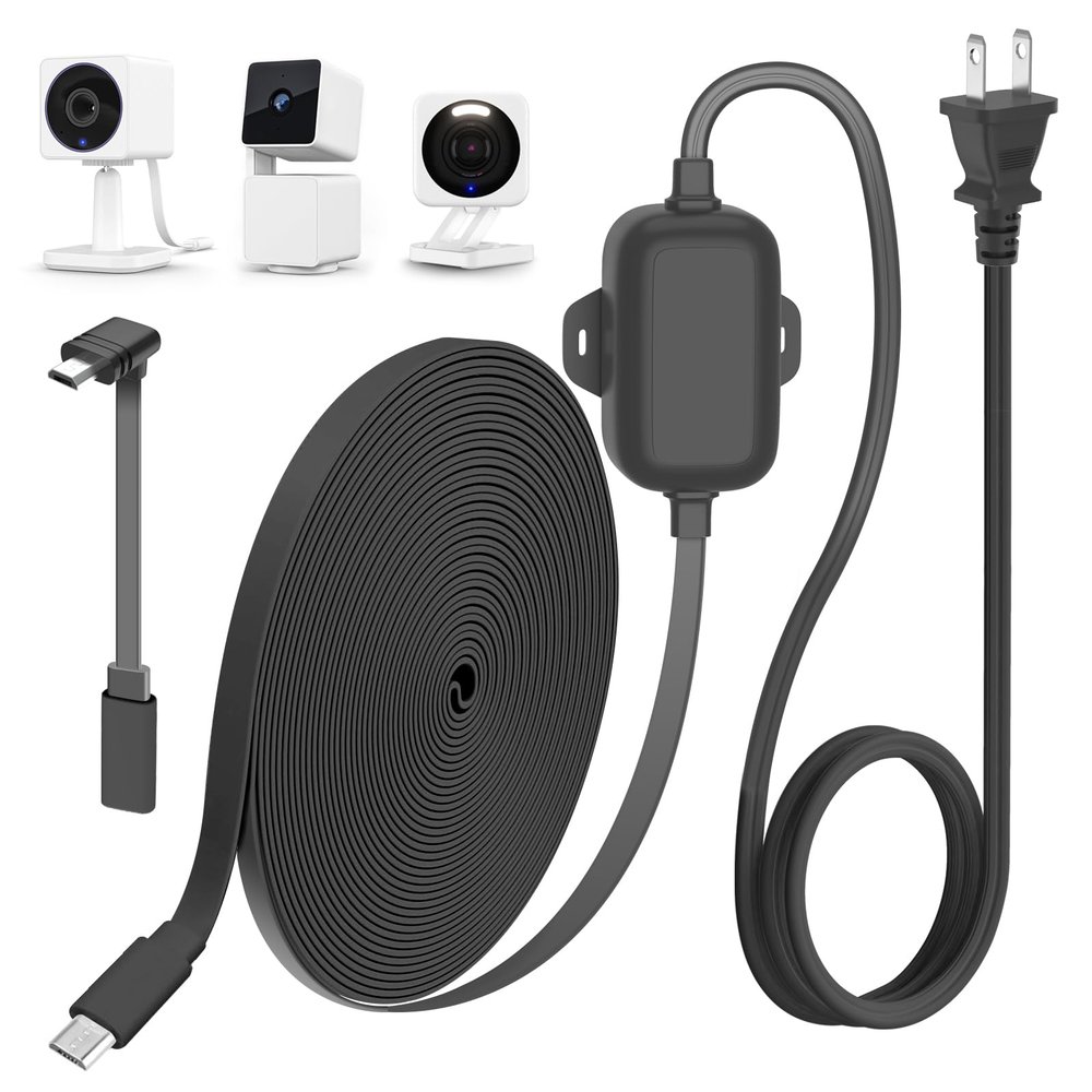 delilyn 25FT Outdoor Power Adapter for WYZE Cam V4/Cam OG/V3/V3 Pro, L-Shape Micro USB Extension Cable for WYZE Cam Pan V3, IP67 Waterproof Flat Cable Charge Your Camera