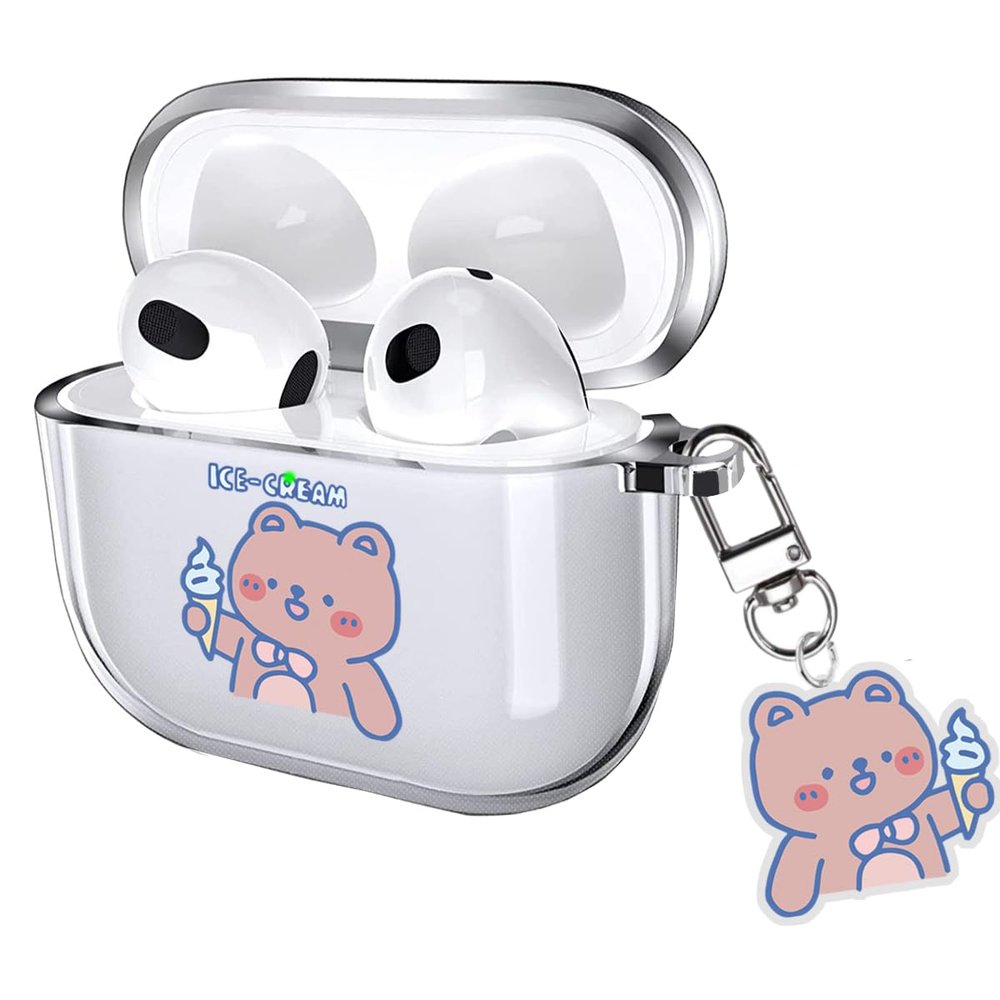 Watefull for Cute AirPods 4 Case 2024 with Keychain Carabiner, Clear AirPods 4 Case Cartoon Anime Pattern Soft Cover with an Ornaments for Boys Girls Women Men (Pink Bear)