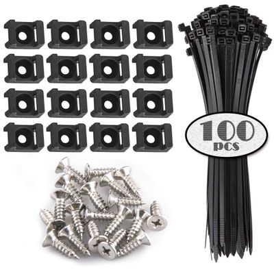 100 Pieces Cable Tie Mount Base Saddle Type Mount Wire Holder, 100 PCS Cable Zip Ties with Self-Locking (150 x 3.5mm) and Deep Thread Pan Head Screws (BLACK