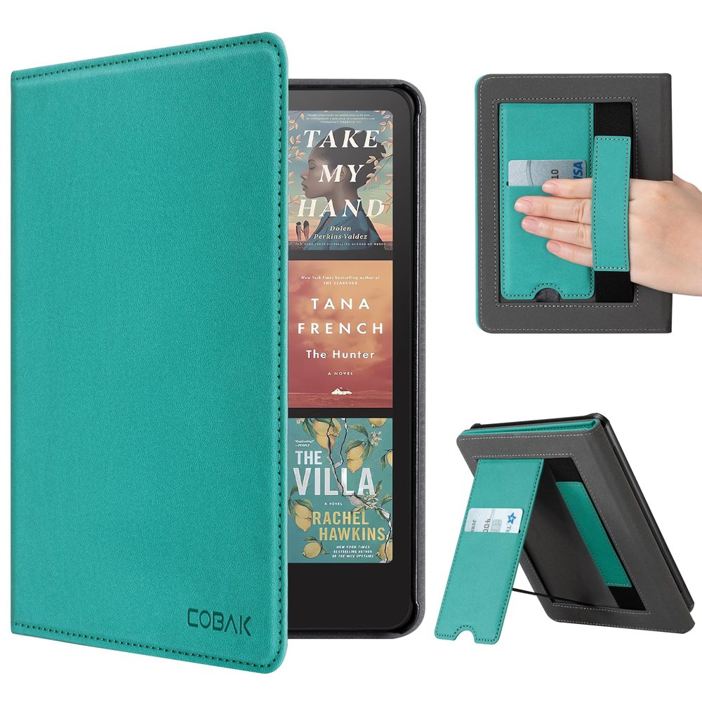 CoBak Case with Stand for Kindle Paperwhite 12th Gen 2024 Released (7") & Kindle Colorsoft Signature Edition - Durable PU Leather Cover with Auto Sleep Wake, Card Slot, Hand Strap Feature, Jade