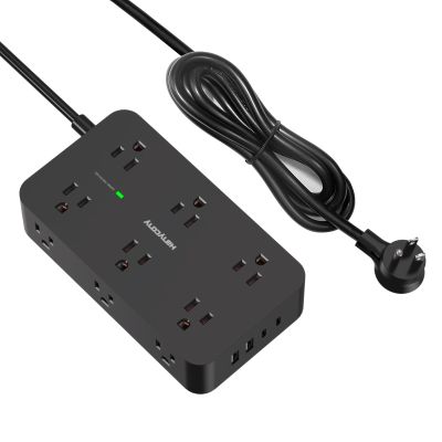 Black Extension Cord 15 Ft, HANYCONY Power Strip with 1080J Surge Protection, 12 Outlets with 4 USB Ports(2 USB C), Wall Mount, Desk Charging Station for Office Home College Dorm Room Essentials