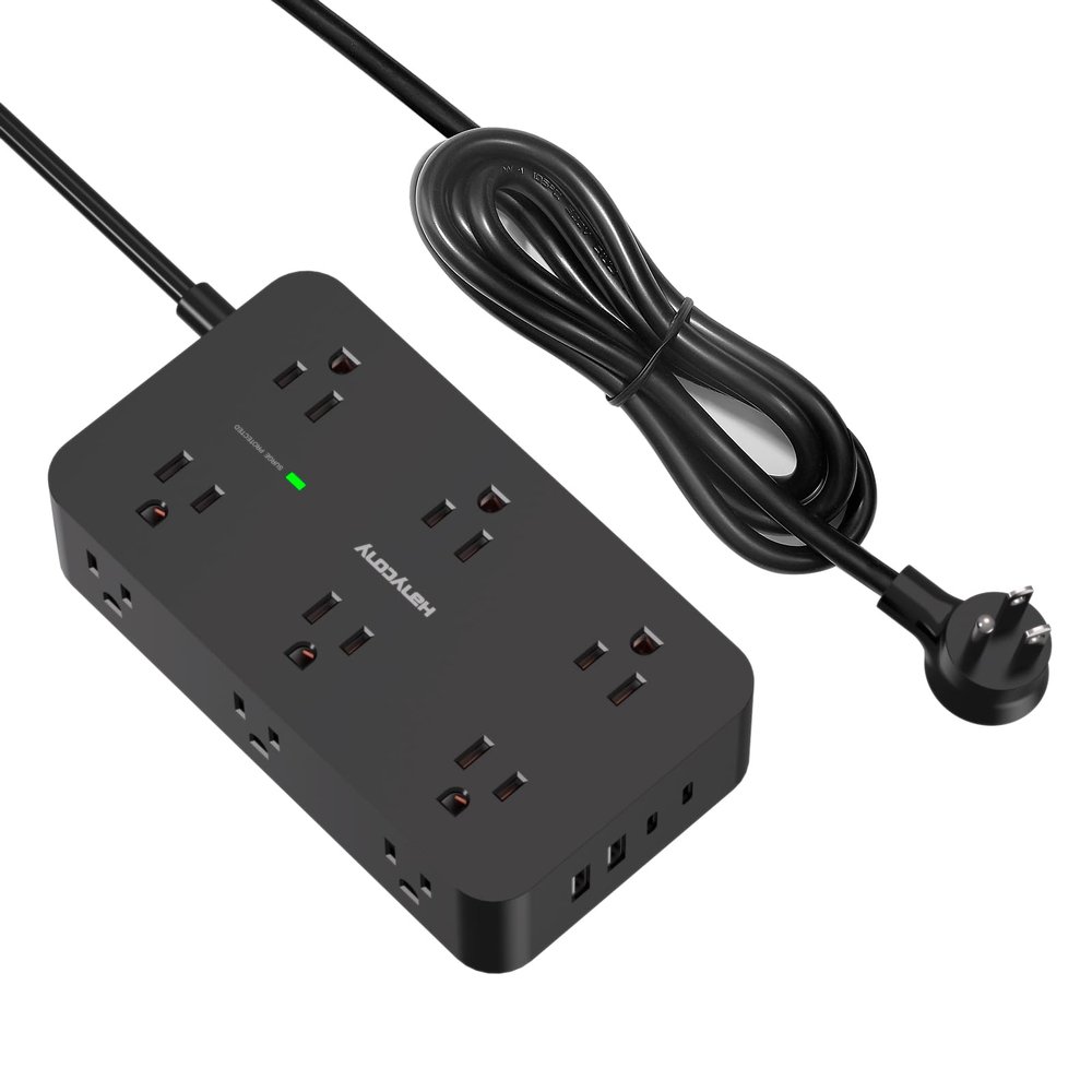 Black Extension Cord 15 Ft, HANYCONY Power Strip with 1080J Surge Protection, 12 Outlets with 4 USB Ports(2 USB C), Wall Mount, Desk Charging Station for Office Home College Dorm Room Essentials