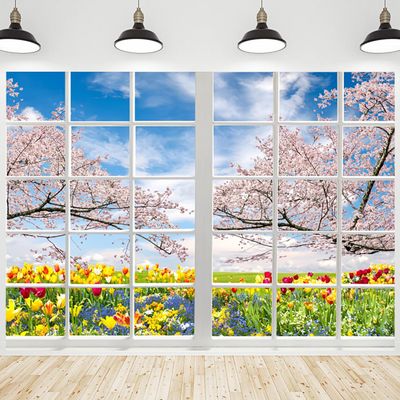 CRTPOD Spring Window Backdrop Blue Sky Colorful Flowers Cherry Blossoms Trees Nature Scenery Photography Background for Portraits Party Decorations Banner Photo Studio Photobooth Props 8x6ft