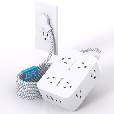 Extension Cord 15 Ft, HANYCONY 1080J Surge Protector Power Strip Long Cord with 8 AC Outlets and 4 USB Ports (2 USB-C), Wall Mount, Desk Charging Station for Home Office College Dorm Room Essentials