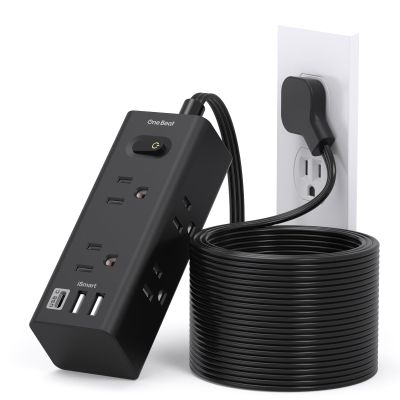 20Ft Extension Cord with Multiple Outlets, Flat Plug Power Strip Surge Protector with 20 Ft Long Cord, 6 Outlet 3 USB Ports (1 USB C), Multi Outlet Wall Plug for Travel, College, Dorm Essentials-Black
