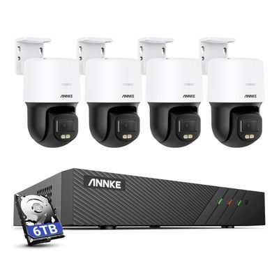 ANNKE 3K PT PoE Security Camera System with PT Auto-Tracking, 340Pan 110Tilt, 4pcs Surveillance Camras Wired Outdoor, Color Night Vision, 2-Way Audio, Smart AI Detection, 8CH H.265+ NVR with 6TB HDD