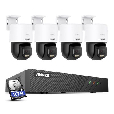 ANNKE 3K PT PoE Security Camera System with PT Auto-Tracking, 340Pan 110Tilt, 4pcs Surveillance Camras Wired Outdoor, Color Night Vision, 2-Way Audio, Smart AI Detection, 8CH H.265+ NVR with 3TB HDD