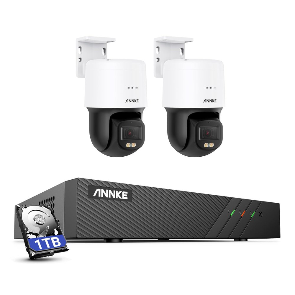 ANNKE 3K PT PoE Security Camera System with PT Auto-Tracking, 340Pan 110Tilt, 2pcs Surveillance Camras Wired Outdoor, 2-Way Audio, Color Night Vision, Smart AI Detection, 8CH H.265+ NVR with 1TB HDD
