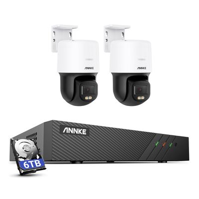 ANNKE 3K PT PoE Security Camera System with PT Auto-Tracking, 340Pan 110Tilt, 2pcs Surveillance Camras Wired Outdoor, 2-Way Audio, Color Night Vision, Smart AI Detection, 8CH H.265+ NVR with 6TB HDD