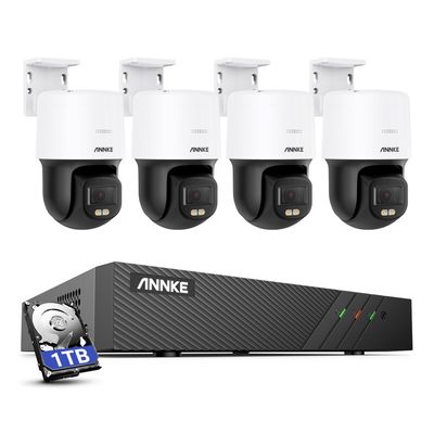 ANNKE 3K PT PoE Security Camera System with PT Auto-Tracking, 340Pan 110Tilt, 4pcs Surveillance Camras Wired Outdoor, Color Night Vision, 2-Way Audio, Smart AI Detection, 8CH H.265+ NVR with 1TB HDD