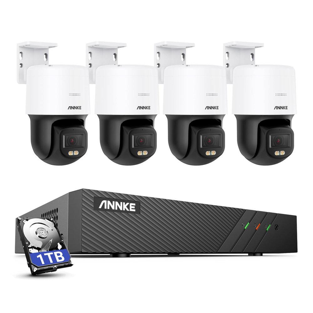 ANNKE 3K PT PoE Security Camera System with PT Auto-Tracking, 340Pan 110Tilt, 4pcs Surveillance Camras Wired Outdoor, Color Night Vision, 2-Way Audio, Smart AI Detection, 8CH H.265+ NVR with 1TB HDD