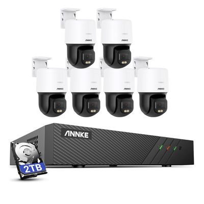 ANNKE 3K PT PoE Security Camera System with PT Auto-Tracking, 340Pan 110Tilt, 6pcs Surveillance Camras Wired Outdoor, Smart AI Detection, Color Night Vision, 2-Way Audio, 8CH H.265+ NVR with 2TB HDD
