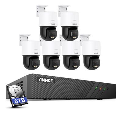 ANNKE 3K PT PoE Security Camera System with PT Auto-Tracking, 340Pan 110Tilt, 6pcs Surveillance Camras Wired Outdoor, Smart AI Detection, Color Night Vision, 2-Way Audio, 8CH H.265+ NVR with 6TB HDD