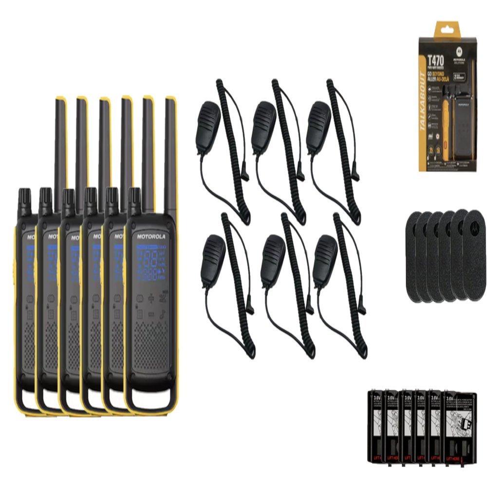 Motorola Solutions Portable FRS Talkabout T470 Two Way Radio Rechargeable 6-Pack Walkie Talkies Black/Yellow 22 Channels 6 Remote Speaker Mics