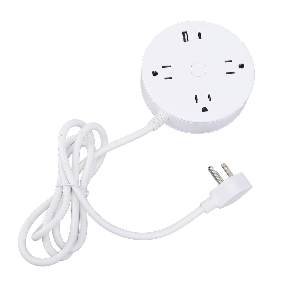 5 in 1 Flat Plug Power Strip, 20W Multi Output Adapter, 3 AC Sockets 2 USB Ports Smart Round Power Strip with Charger & Cable, for Home Office Dormitory