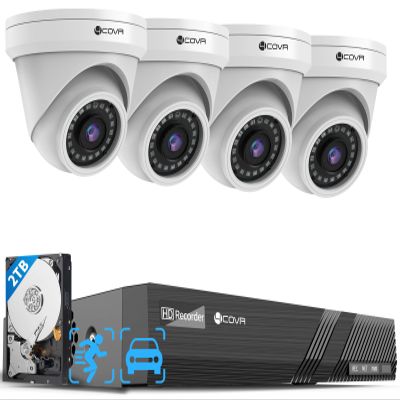 4COVR PoE Security Camera System, Person Vehicle Detection & Night Vision, 8CH 8MP H.265 NVR with 2TB HDD, 4Pcs 8MP Wired Dome PoE IP Camera with Audio, IP67 Weatherproof Outdoor, LY97AX8M0804-1