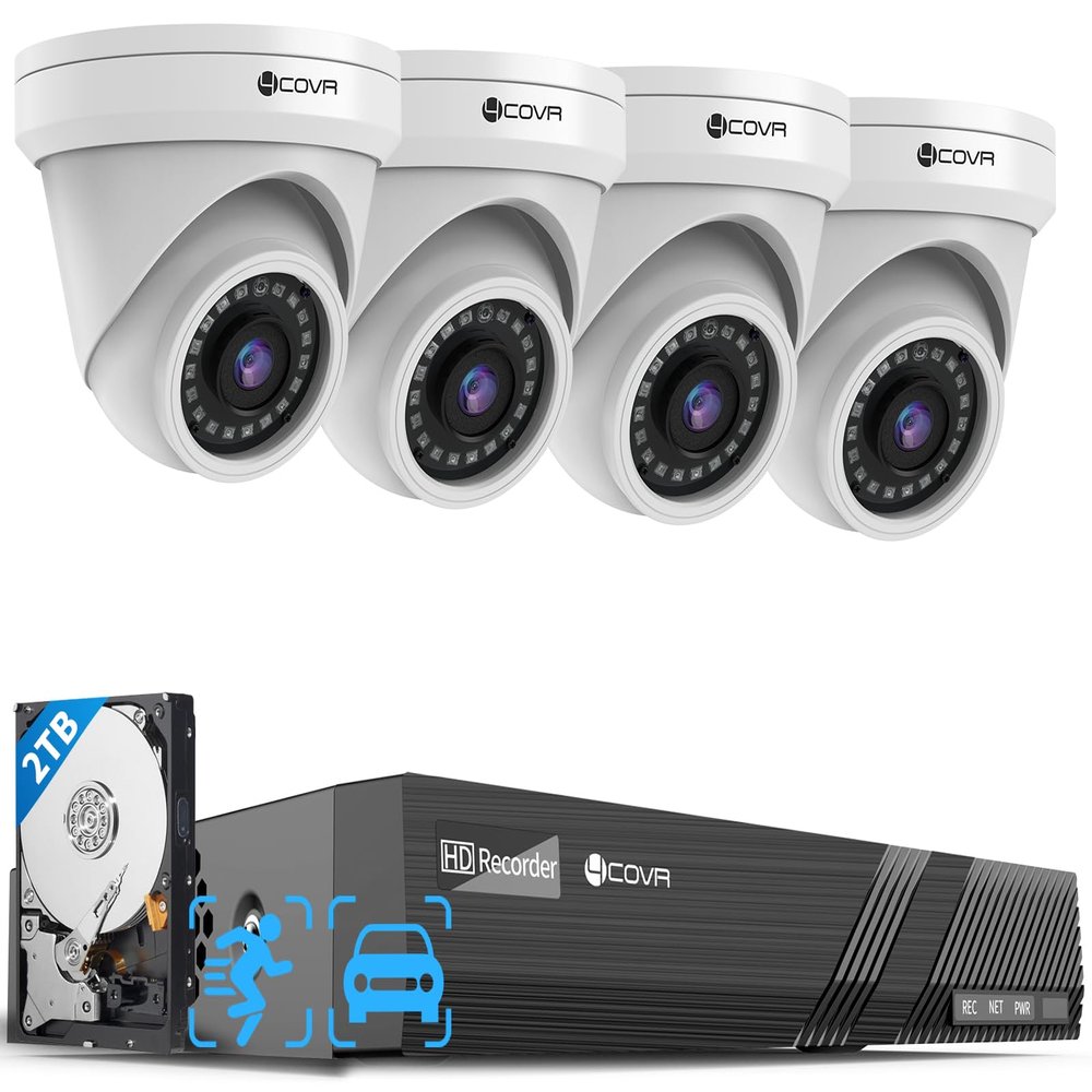 4COVR PoE Security Camera System, Person Vehicle Detection & Night Vision, 8CH 8MP H.265 NVR with 2TB HDD, 4Pcs 8MP Wired Dome PoE IP Camera with Audio, IP67 Weatherproof Outdoor, LY97AX8M0804-1