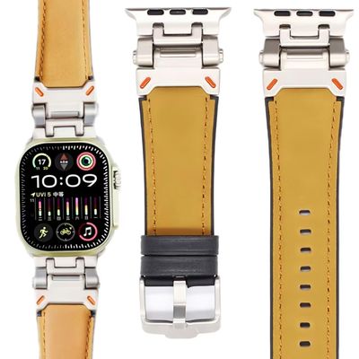 46mm for Apple Watch Series 10 Band Leather-Rubber, Ultra 2 Watch Band Men 49mm | Titanium Connector | Hypoallergenic Skin-friendly for All-Day Wear (Khaki)