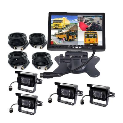 4x 4Pin 18 L/ED IR Car Reversing Backup Parking Camera+ 7" LCD 1/2/3/4CH Split Monitor Car Rear View Kit for Bus Truck Motorhome(Monitor Black camera)