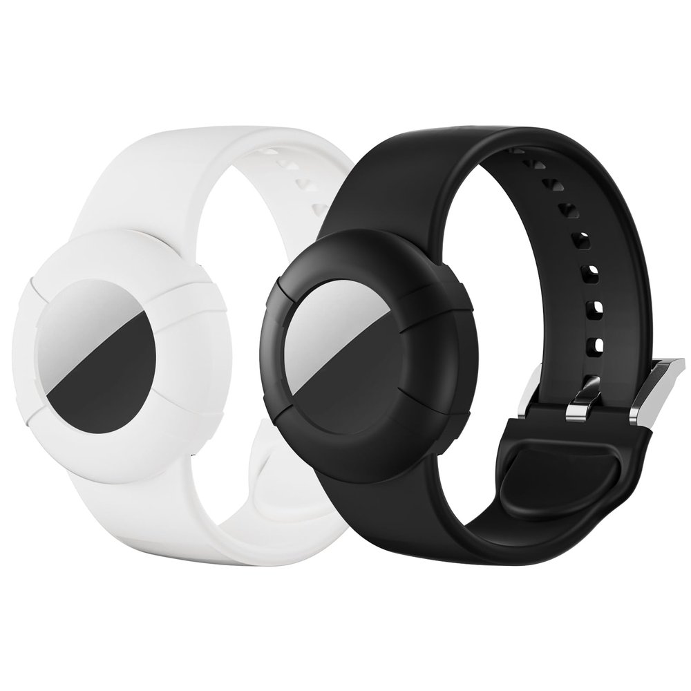 2 Pack Adults Bracelet Compatible with AirTag, Soft Silicone Adults Wristband, Anti-Lost Holder Watch Band Compatible with Apple Air Tag (S, Black+White)