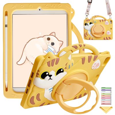Kids Case for iPad mini 7 A17 Pro 2024 & iPad mini 6 2021 8.3" with Pencil Holder/Shoulder Strap, UUcovers 360 Rotating Ring Handle/Stand Soft Cover for iPad mini 7th/6th Generation, Yellow Cat