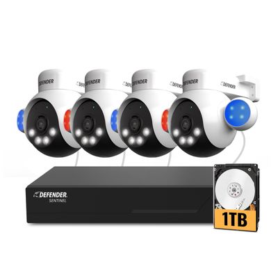 Defender AI Powered Sentinel 4K Wired Security Camera System, 360 PTZ Security Camera System with AI Tracking, Smart Human Detection, Blue-Red Light Deterrence, and Color Night Vision | 4 Cameras 1TB