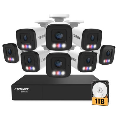 Defender AI Powered Sentinel 4K 8CH PoeE Security Camera System, 8pcs NVR Metal Outdoor Surveillance Cameras, 1TB HDD, Smart AI Human Detection, Blue/Red Lights, Works w/Empower App