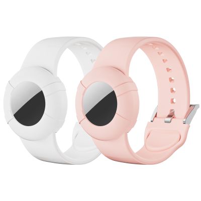 2 Pack Adults Bracelet Compatible with AirTag, Soft Silicone Adults Wristband, Anti-Lost Holder Watch Band Compatible with Apple Air Tag (M, White+Pink)