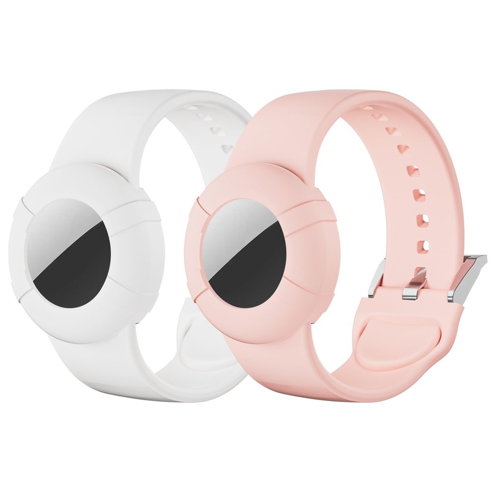 2 Pack Adults Bracelet Compatible with AirTag, Soft Silicone Adults Wristband, Anti-Lost Holder Watch Band Compatible with Apple Air Tag (M, White+Pink)