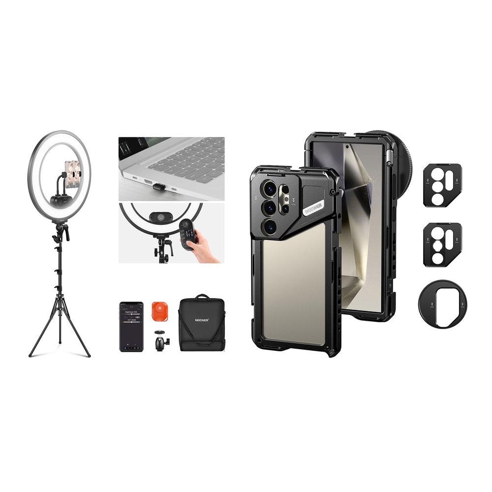 NEEWER 18 Inch Edge Lit Ring Light Kit 45W 3300lux 2900K-7000K 12 Scenes with APP 2.4G PC Mac Control Magnetic Detachable Remote Controller Stand Bag, S24 Ultra Phone Cage Included