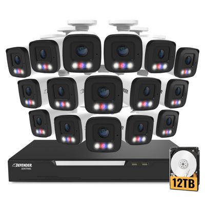 Defender AI Powered Sentinel 4k Poe Security Camera System - NVR Metal Outdoor Surveillance Cameras with 16 Channels, Smart AI Human Detection, Blue/Red Lights, and Mobile App (16 Cameras 12TB)