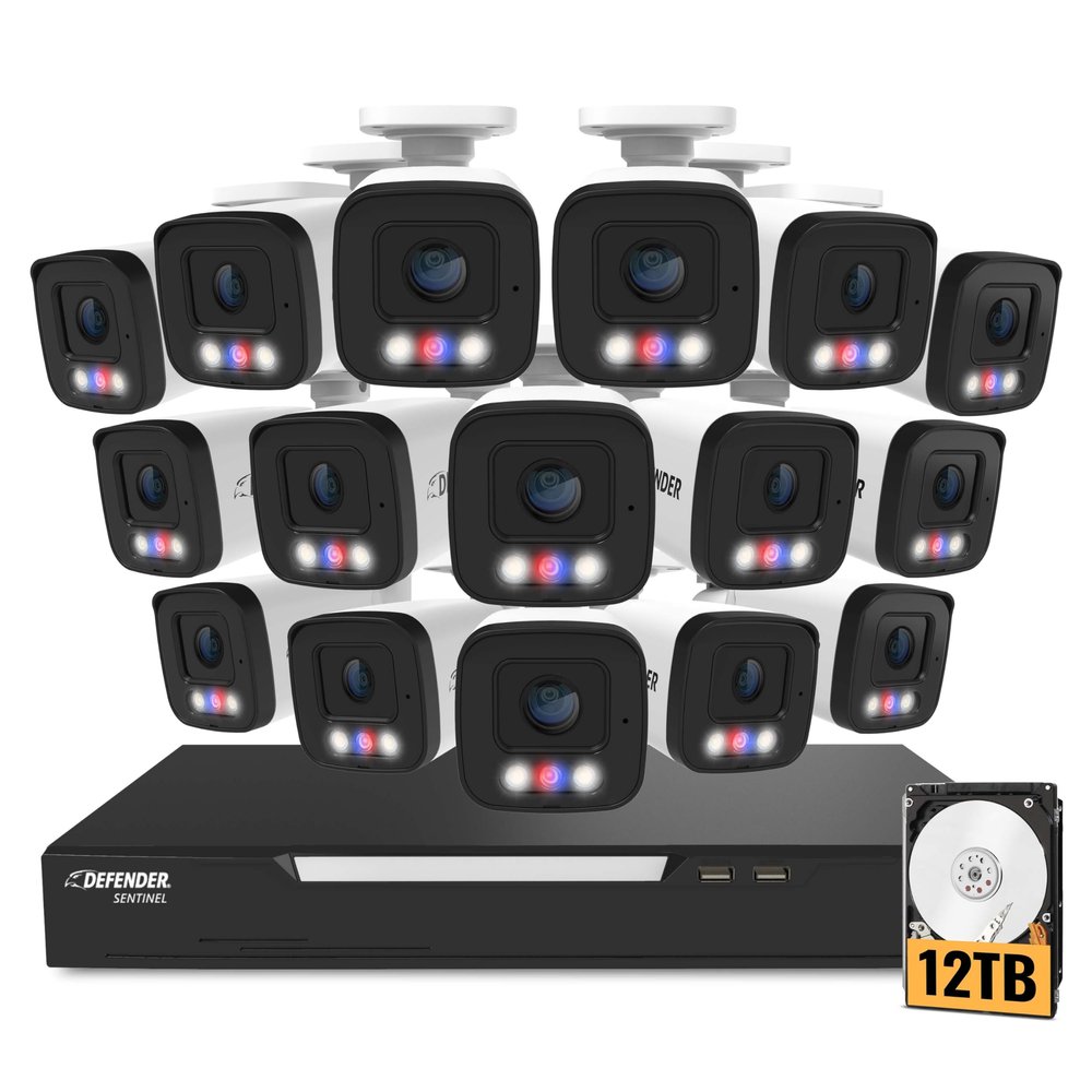 Defender AI Powered Sentinel 4k Poe Security Camera System - NVR Metal Outdoor Surveillance Cameras with 16 Channels, Smart AI Human Detection, Blue/Red Lights, and Mobile App (16 Cameras 12TB)