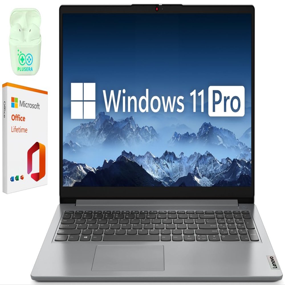 Lenovo 15.6" IdeaPad Essential Laptop Computer, Windows 11 Pro with Microsoft Office Lifetime Suite, Intel Dual Core Processor, PLUSERA Earphones (Intel Dual-Core, 12GB RAM | 512GB SSD + 128 eMMC)