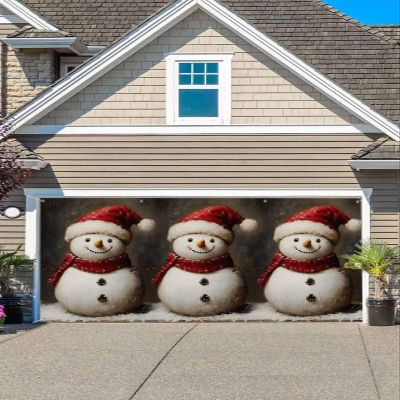 Garage Door Decorations Winter Christmas Snowman Red Hat Scarf Hanging Backdrop Door Cover Large Garage Wall Decorations for Outdoor House Holiday Decor, 6x13Ft
