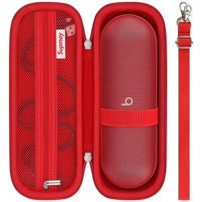 Supmay Hard Carrying Case for Beats Pill - Wireless Bluetooth Speaker, Wireless Portable Speaker Protection Case with Mesh Pocket for Charging Cables, Red+Shoulder Strap
