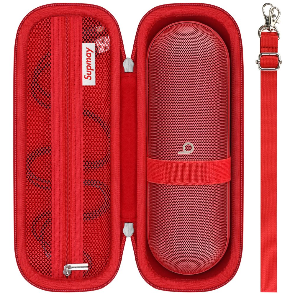 Supmay Hard Carrying Case for Beats Pill - Wireless Bluetooth Speaker, Wireless Portable Speaker Protection Case with Mesh Pocket for Charging Cables, Red+Shoulder Strap