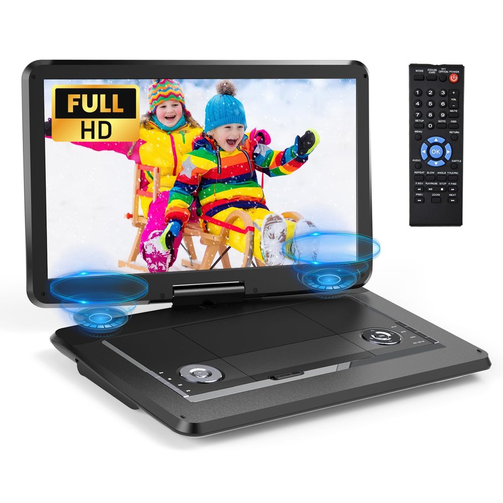 Arafuna 18" Portable DVD Player with with 5-Hour Rechargeable, 16" HD Swivel Screen with Dual Stereo Speakers, Support USB/SD/Sync TV, Regions Free