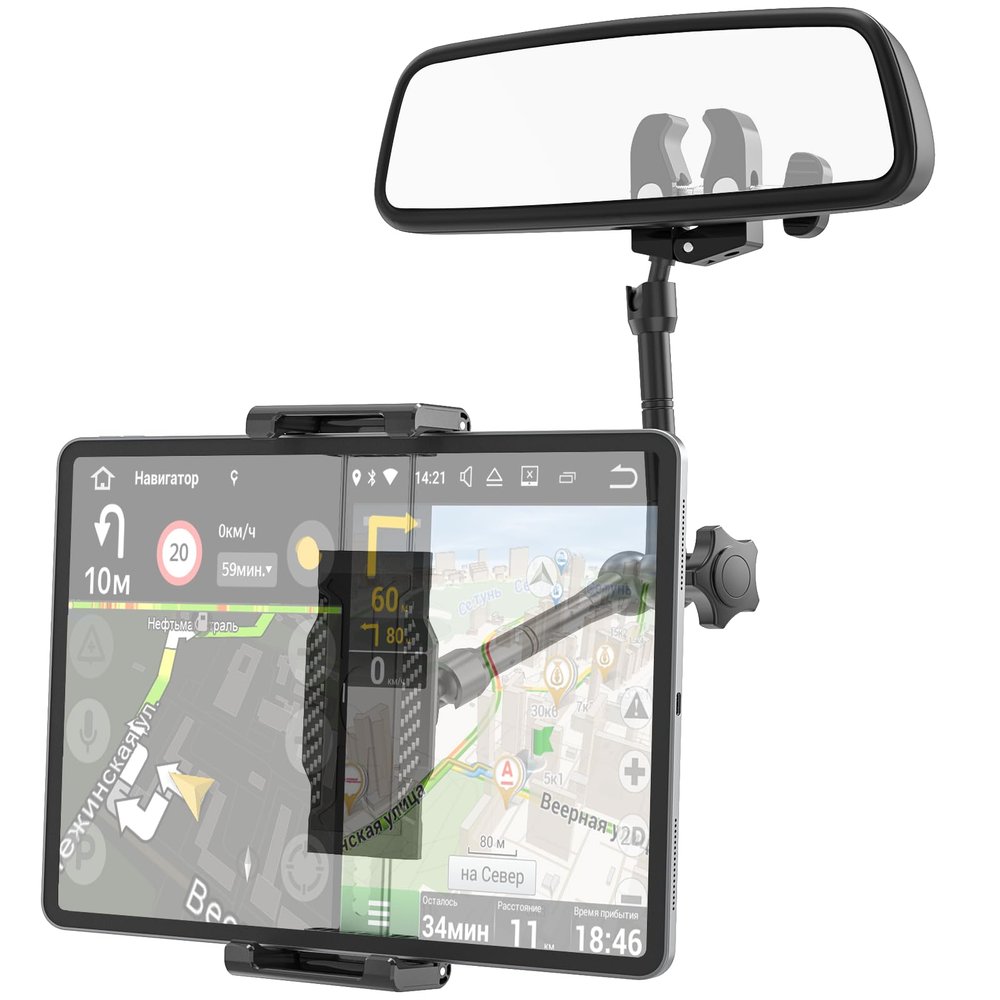 Rearview Mirror Tablet Holder- Metal Long Arm 360 Rotation and Folding, Rear View Mirror Tablet Holder, Fit Thick Cases (Deep Max 1.18'') for iPad Pro Air Mini, Galaxy Tab, iPhone, 6-15.6'' Devices