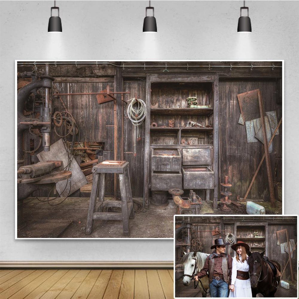 Renaiss 10x8ft Shabby Store Backdrop for Photoshoot Blacksmith Workshop Interior Background Photography Vintage Traditional Cabinets Rusty Tools Shop Rural Smithy Adult Man Photo Booth Studio Props