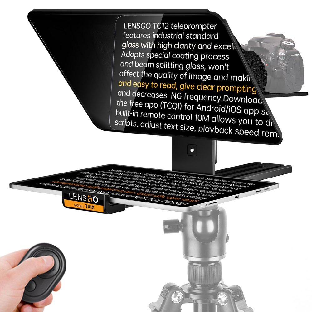 LENSGO 12.9'' Aluminum Teleprompter for iPad Tablet DSLR Cameras with Remote Control, App Compatible with iOS/Android,Professional Prompter for News/Broadcasting,Online Teaching,Live Streaming(TC12)