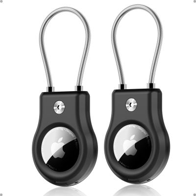 AirTag Keychain Holder with Wire Cable - Airtag Case with Secure Lock Compatible with Apple AirTag 2 Pack - Durable Anti-Lost Protective Air Tag Keychain Accessory for Key, Luggage, Pet & More  Black
