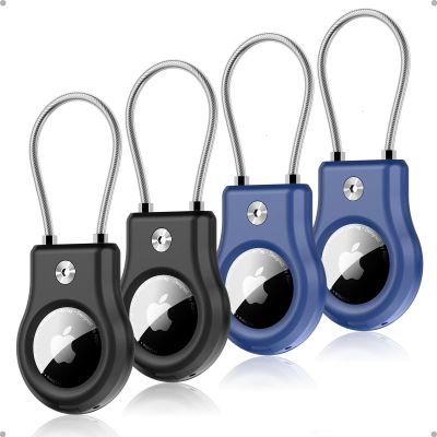 AirTag Keychain Holder with Wire Cable - Airtag Case with Secure Lock Compatible with Apple AirTag 4 Pack - Durable Anti-Lost Protective Air Tag Keychain Accessory for Key, Luggage, Pet  Black/Blue