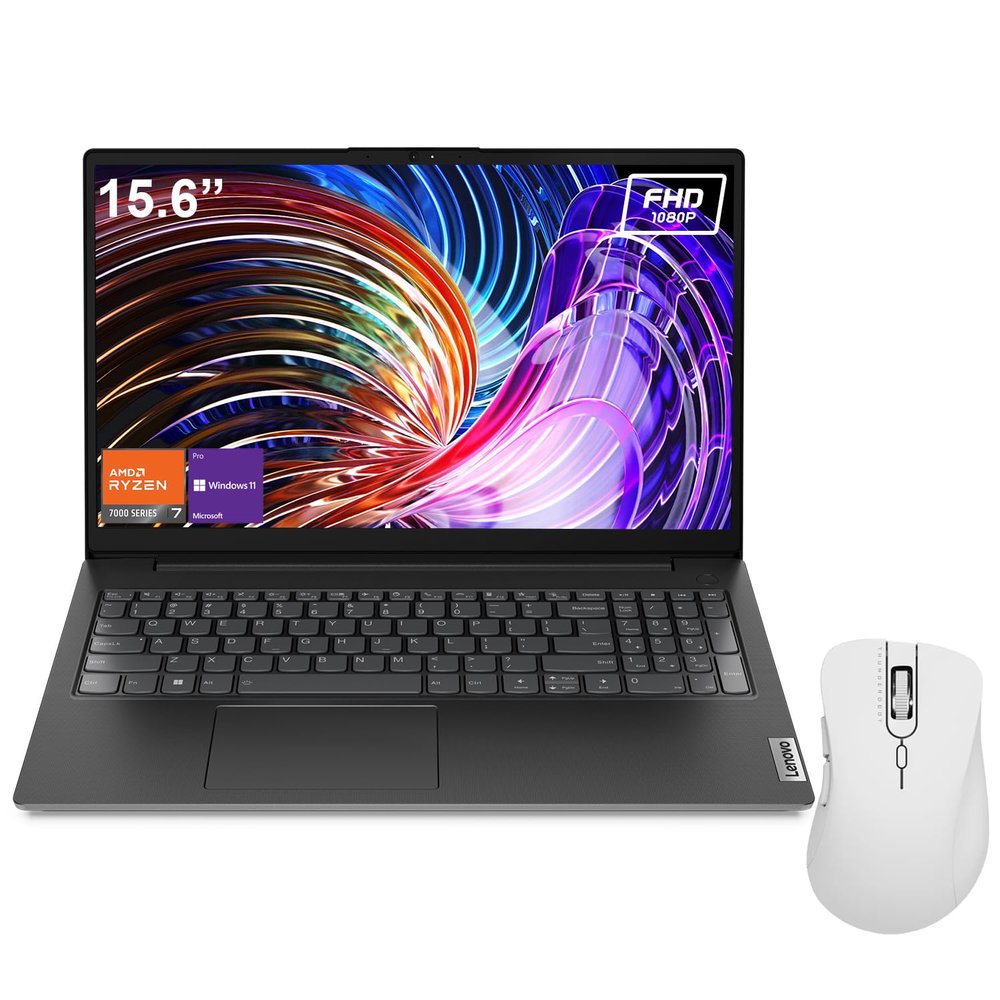 Lenovo V15 Laptop | 15.6" FHD Anti-Glare Display | AMD Ryzen 7 7730U | 16GB RAM | 1TB PCIe SSD | HDMI | Type-C | Webcam | Wi-Fi | THUNDEROBOT Wireless Ergonomic Mouse | Windows 11 Pro | Black