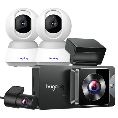 Hugolog 3K 5MP Indoor Pan/Tilt Security Camera 3 Channel Dash Cam 4K+1080P+1080P HD Triple Dashcam with 5G WiFi, 3" IPS Touch Screen, Front and Rear Inside Loop Recording