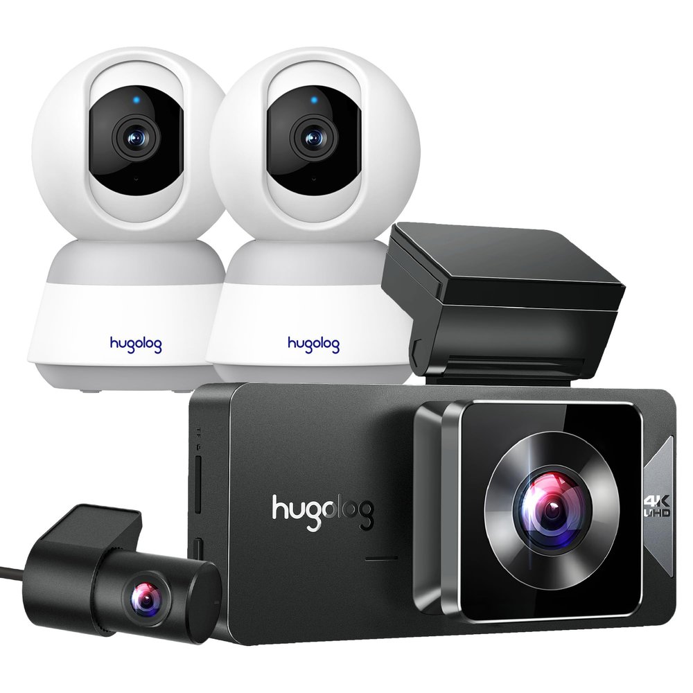 Hugolog 3K 5MP Indoor Pan/Tilt Security Camera 3 Channel Dash Cam 4K+1080P+1080P HD Triple Dashcam with 5G WiFi, 3" IPS Touch Screen, Front and Rear Inside Loop Recording