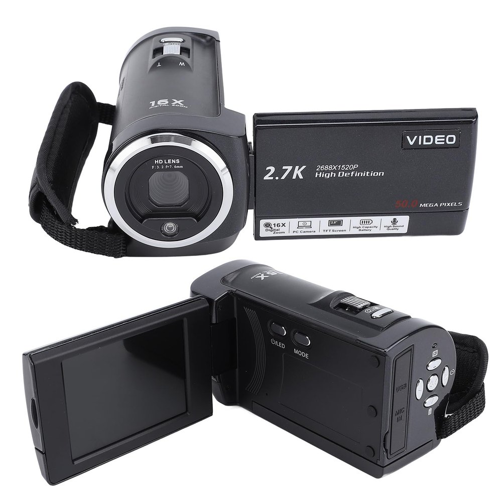 50MP 2.7K Camcorder Video Camera, 16X Digital Zoom, 270 Degree Rotation Screen, Webcam for, 140mins Recording, with LED Light for Night Video Vlogging, Digital Video